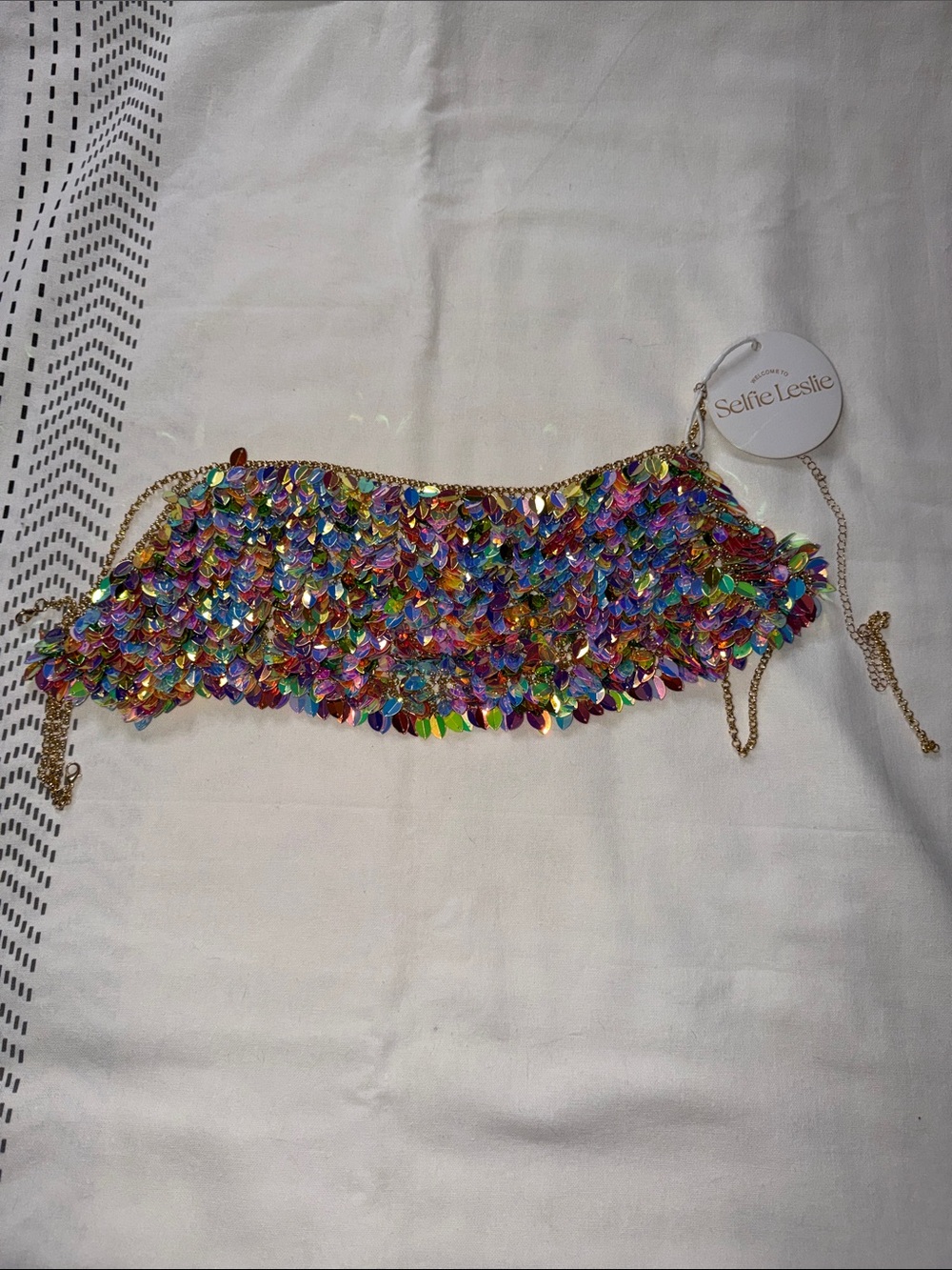 Selfie Leslie Multicolor Sequin bandeau top with Gold Chain